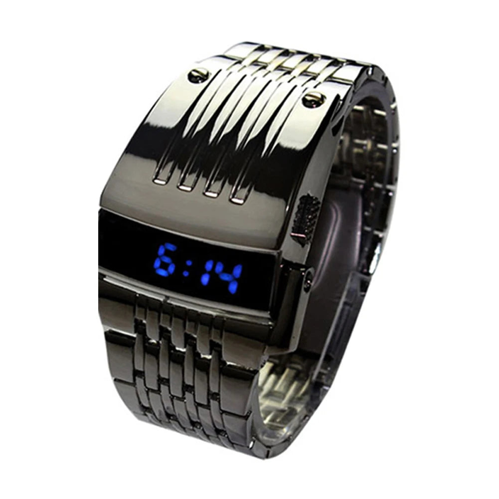 Fashion Blue LED Display Wide Stainless Steel Band Men Digital Wrist Watch