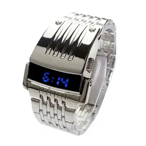 Fashion Blue LED Display Wide Stainless Steel Band Men Digital Wrist Watch