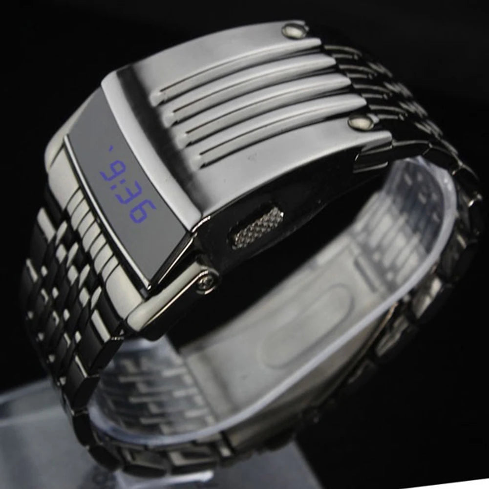 Fashion Blue LED Display Wide Stainless Steel Band Men Digital Wrist Watch