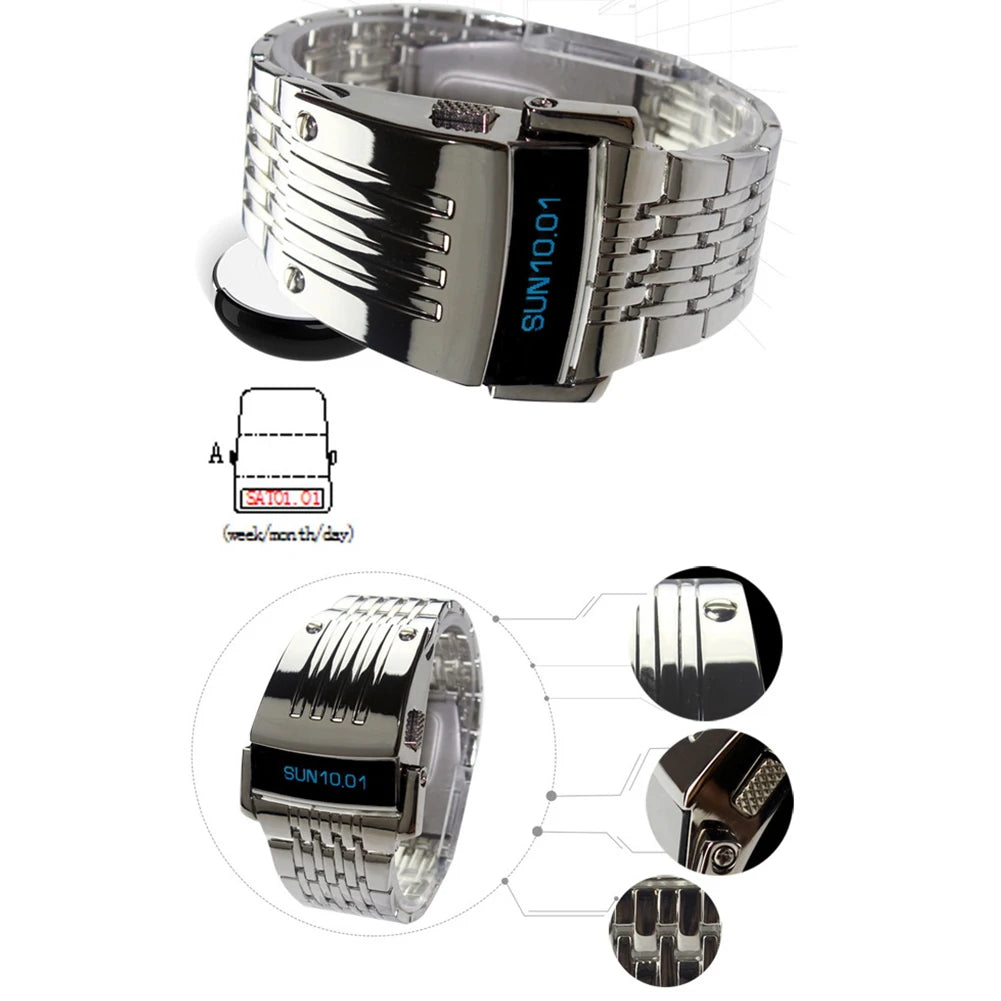 Fashion Blue LED Display Wide Stainless Steel Band Men Digital Wrist Watch