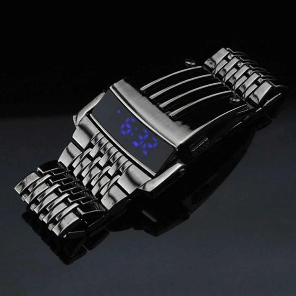 Fashion Blue LED Display Wide Stainless Steel Band Men Digital Wrist Watch