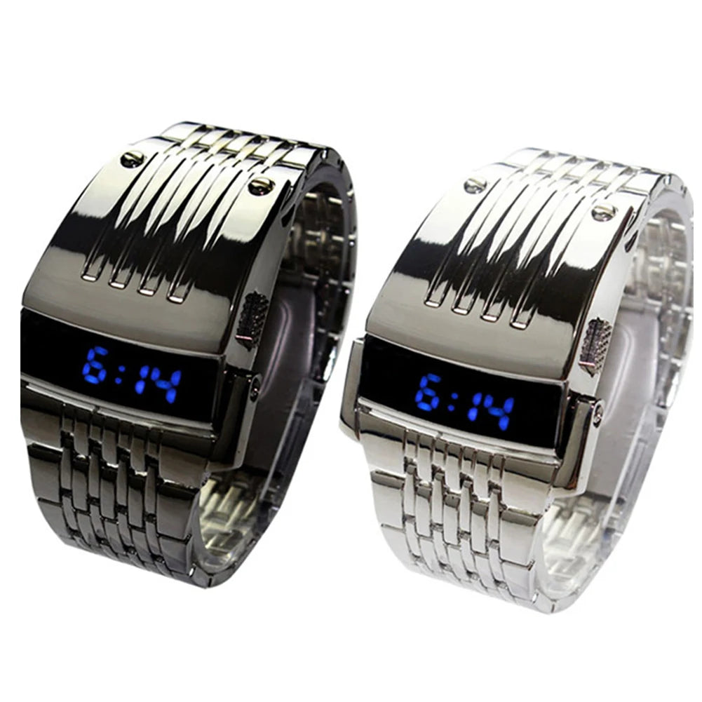 Fashion Blue LED Display Wide Stainless Steel Band Men Digital Wrist Watch