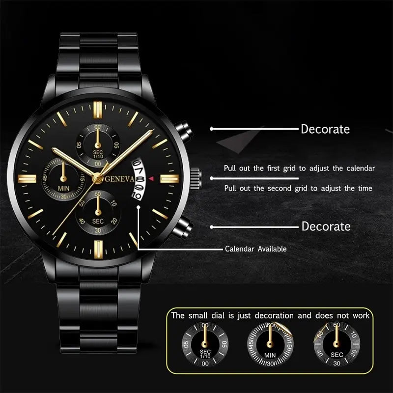 Fashion Men Black Stainless Steel Watch