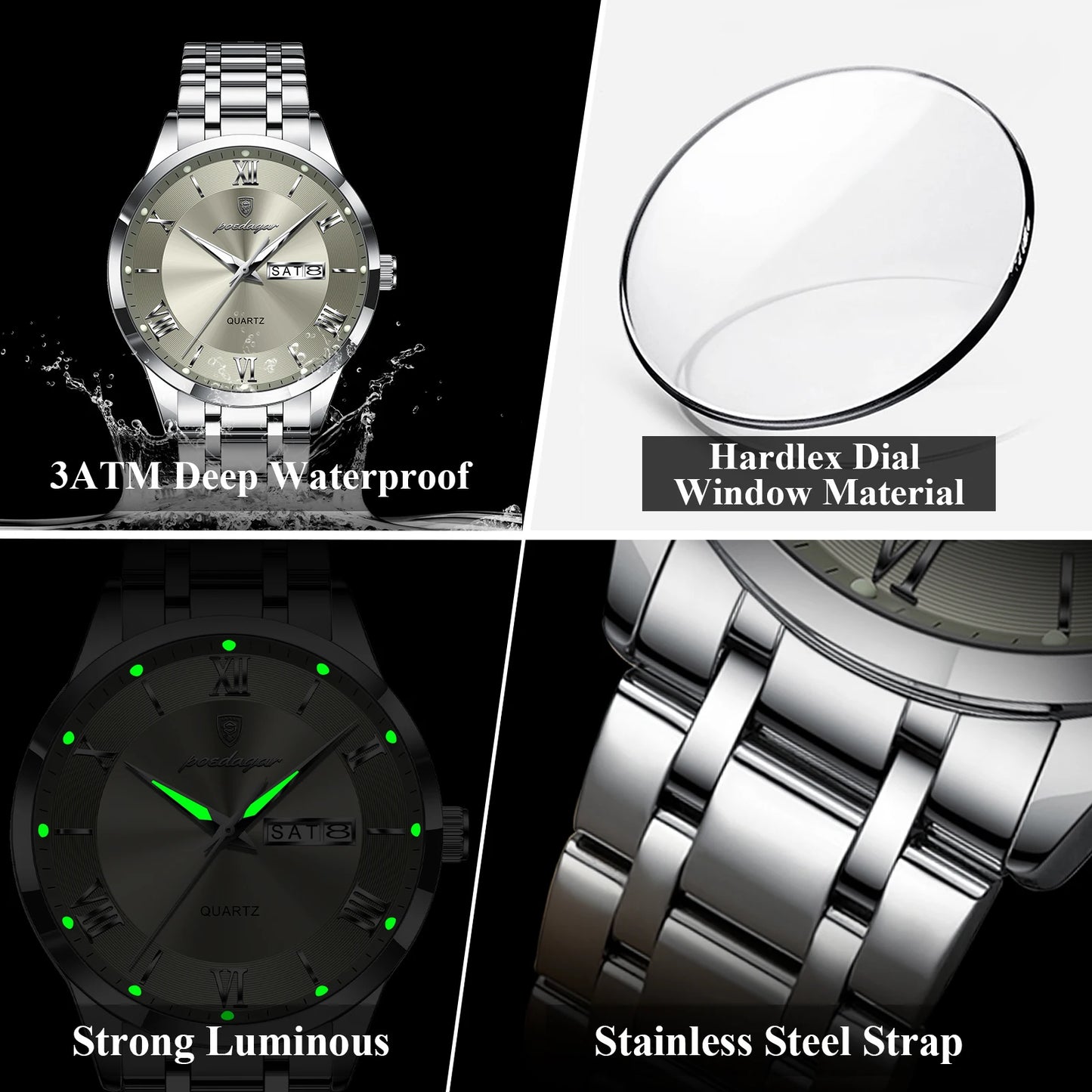 POEDAGAR Luxury Fashion Men Clock Waterproof Luminous