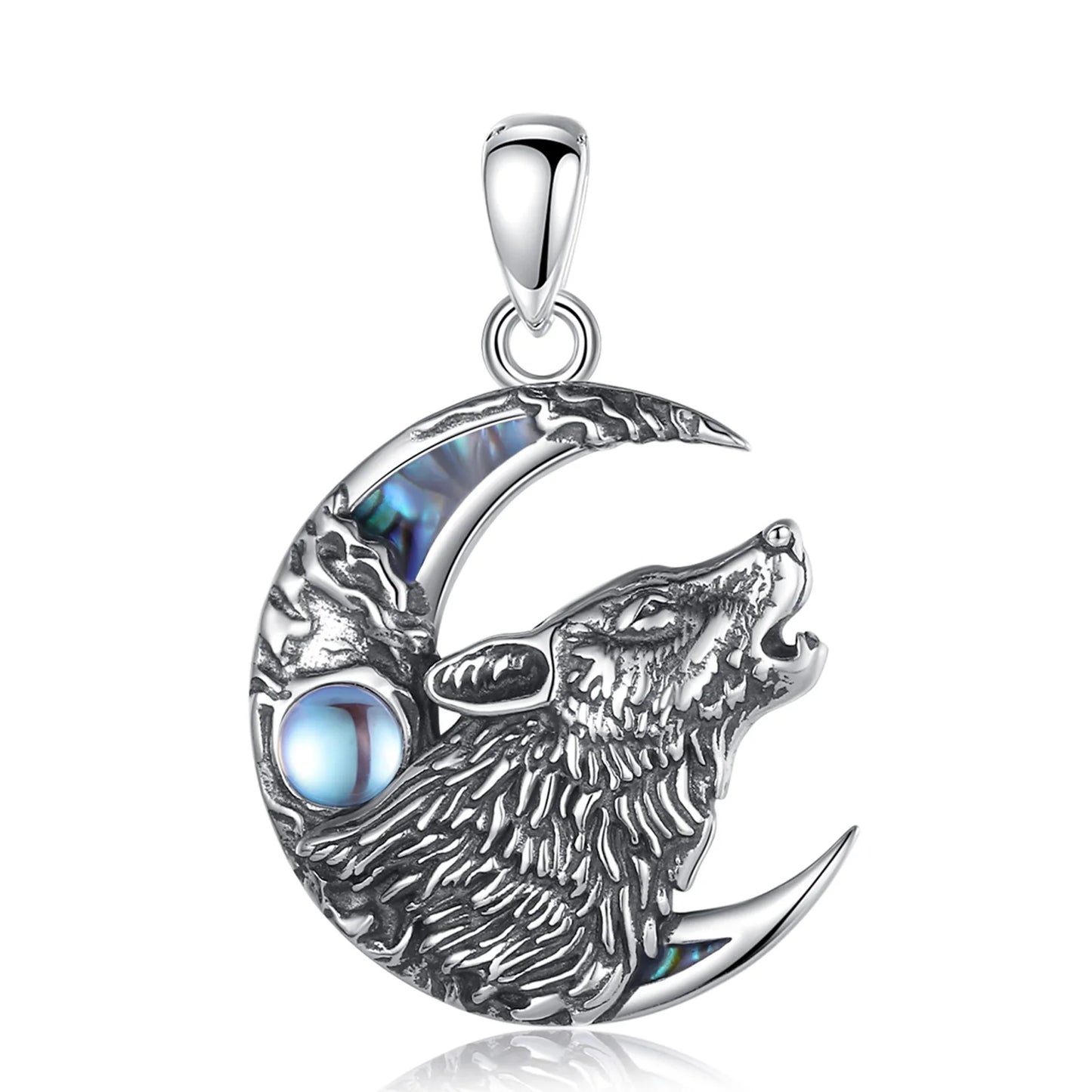 Eudora 925 Sterling Silver Wolf on the Moon Necklace Moonstone