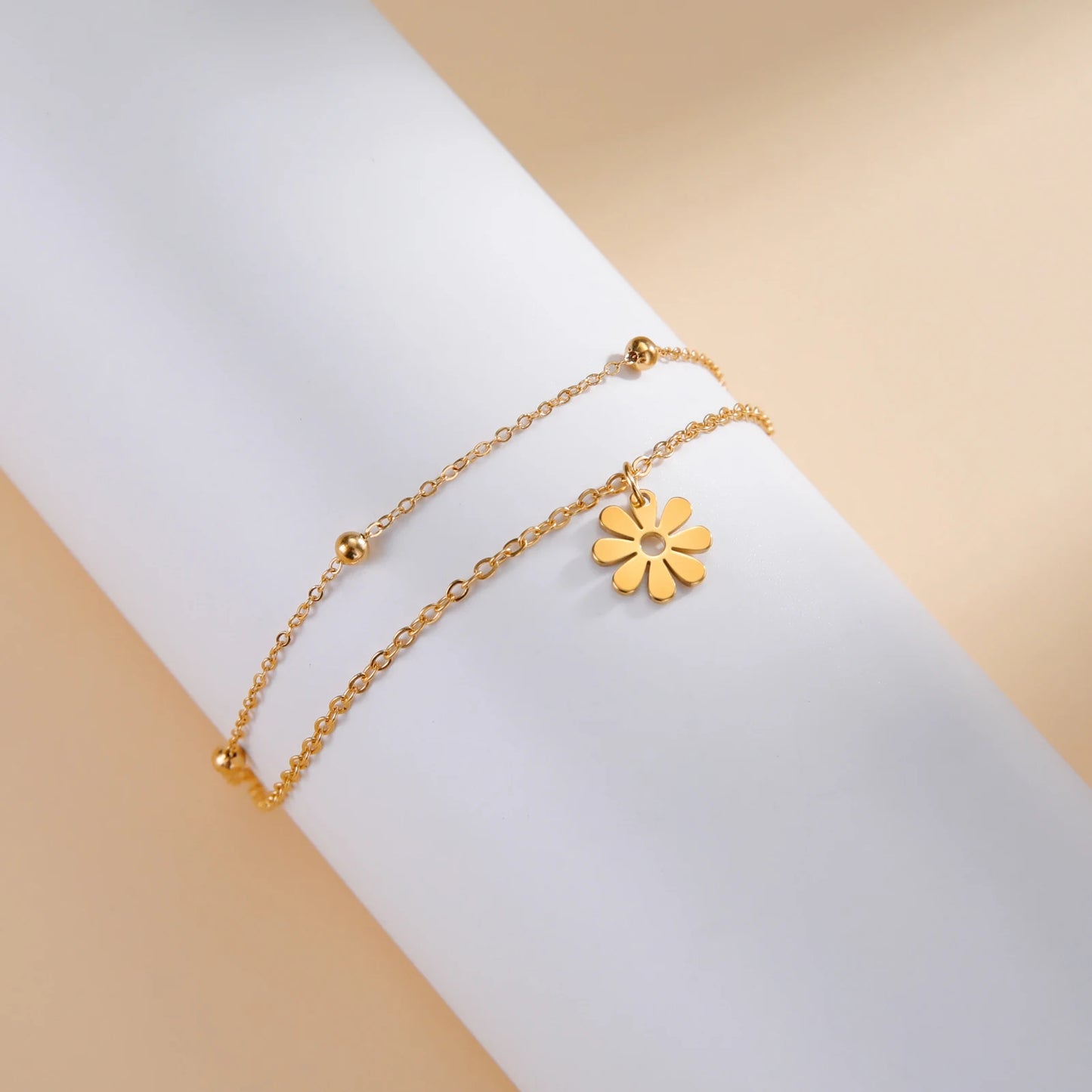 Fashion Stainless Steel Daisy Flowers Double Layer Chain