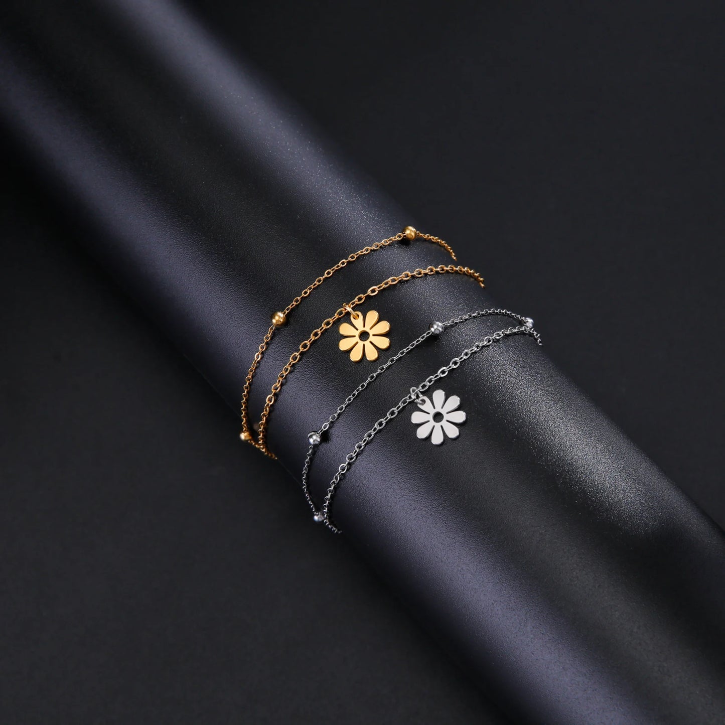 Fashion Stainless Steel Daisy Flowers Double Layer Chain