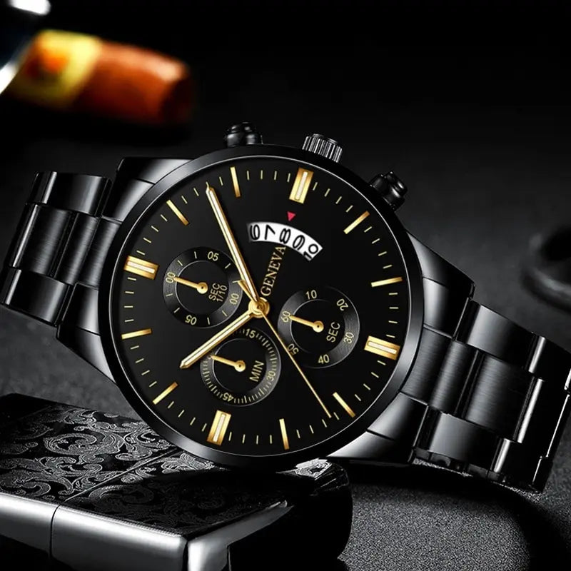 Fashion Men Black Stainless Steel Watch