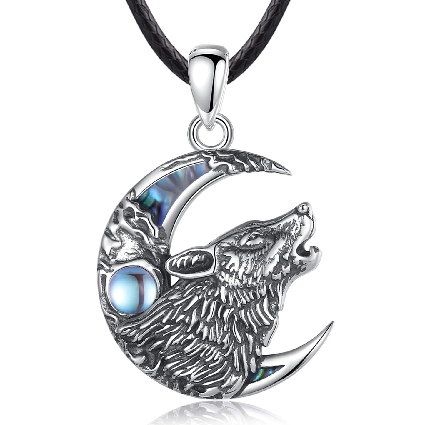 Eudora 925 Sterling Silver Wolf on the Moon Necklace Moonstone