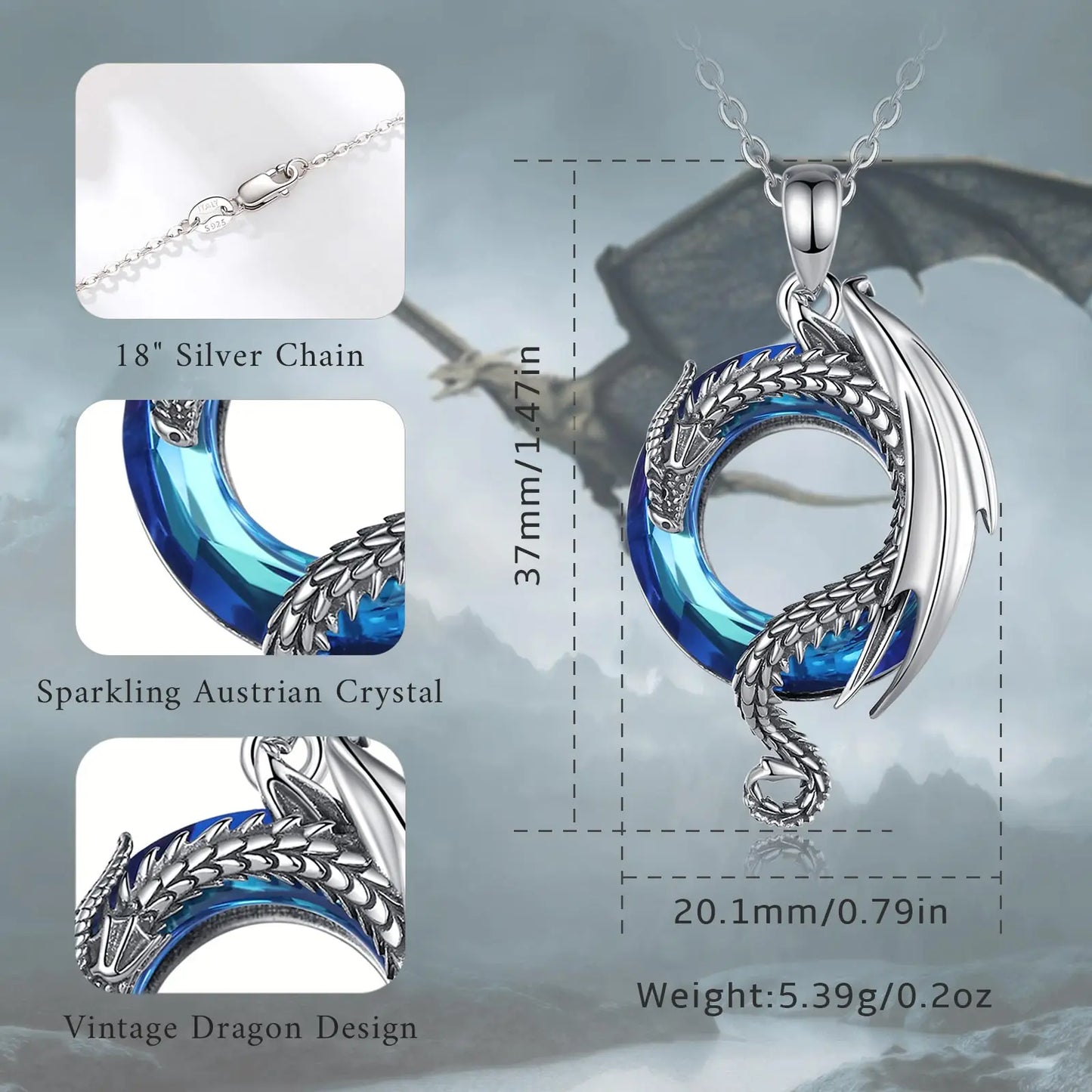 Eudora Real 925 Sterling Silver Dragon Neckalce for Women