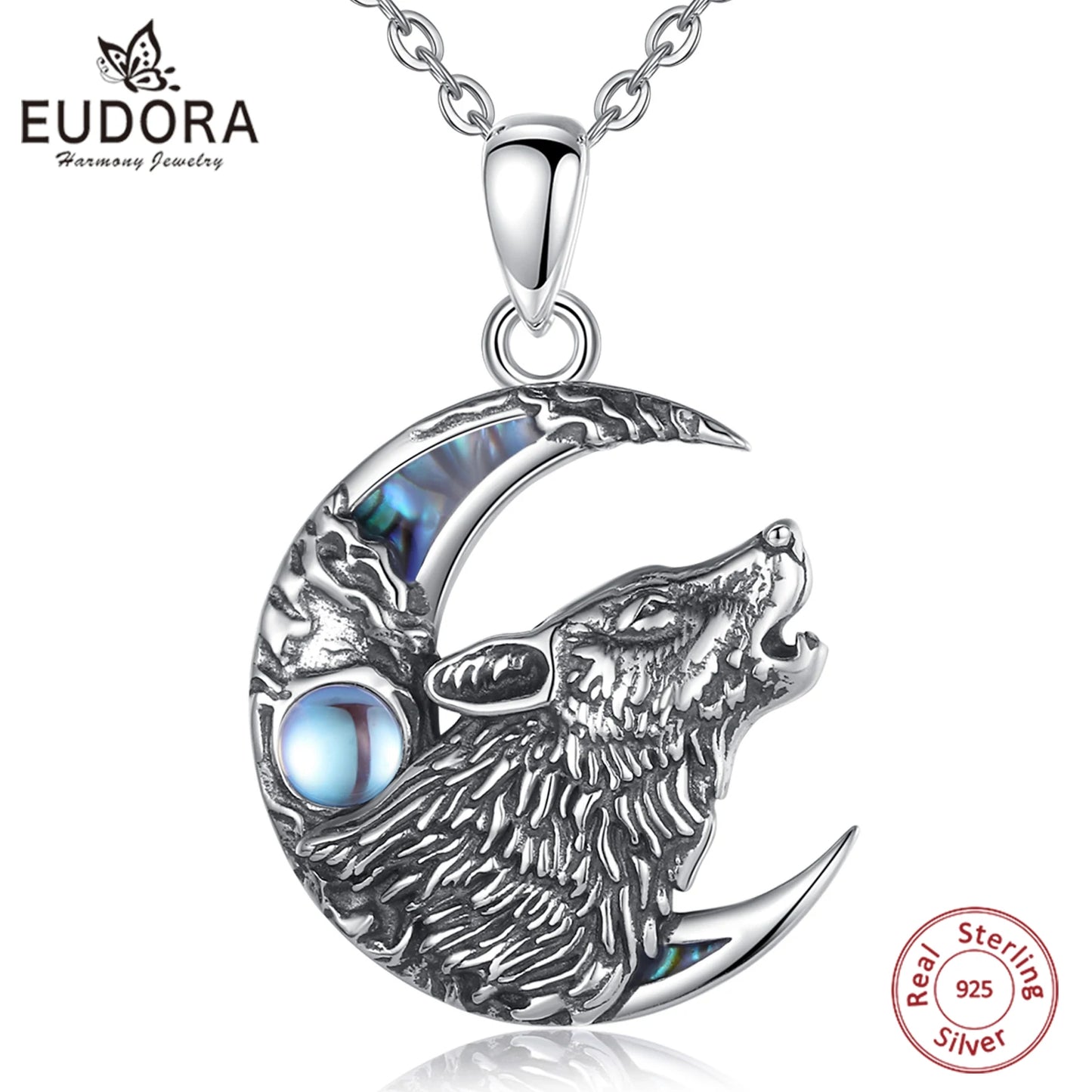 Eudora 925 Sterling Silver Wolf on the Moon Necklace Moonstone