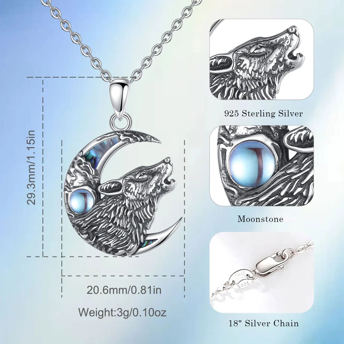 Eudora 925 Sterling Silver Wolf on the Moon Necklace Moonstone