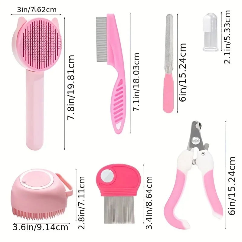 8Pcs Cat Brush Beauty Kit With Pet Nail Clippers