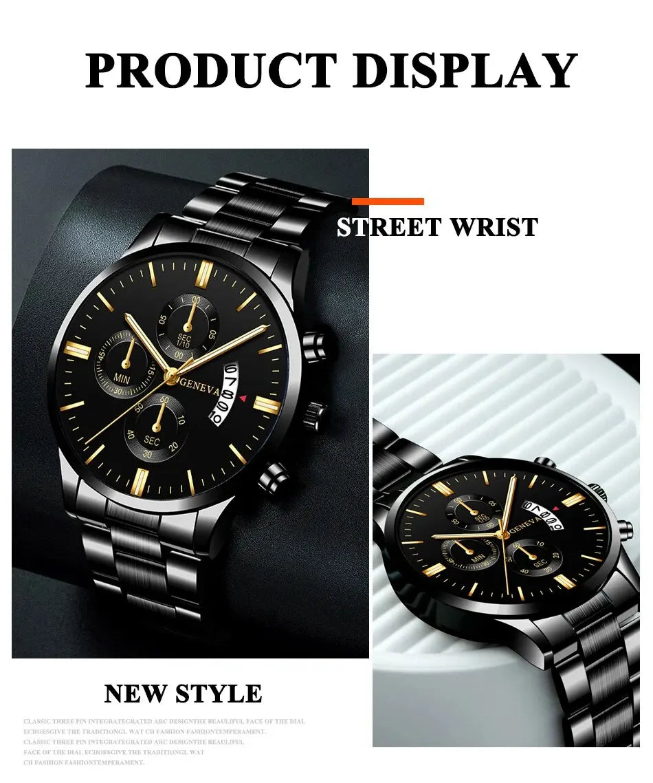 Fashion Men Black Stainless Steel Watch