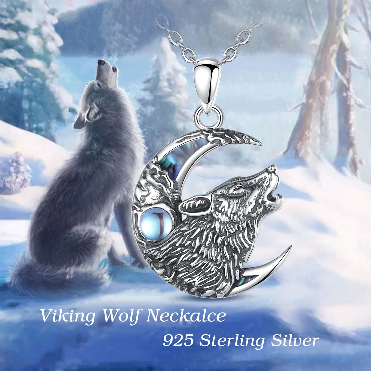 Eudora 925 Sterling Silver Wolf on the Moon Necklace Moonstone