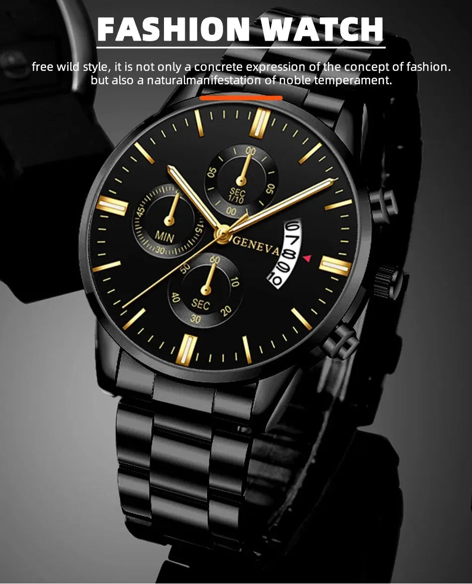 Fashion Men Black Stainless Steel Watch