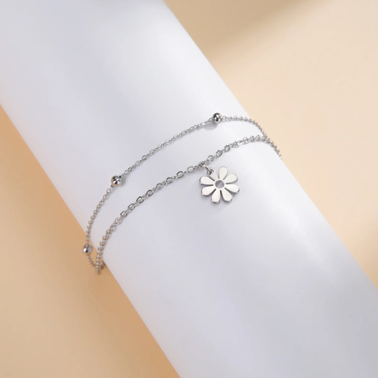 Fashion Stainless Steel Daisy Flowers Double Layer Chain