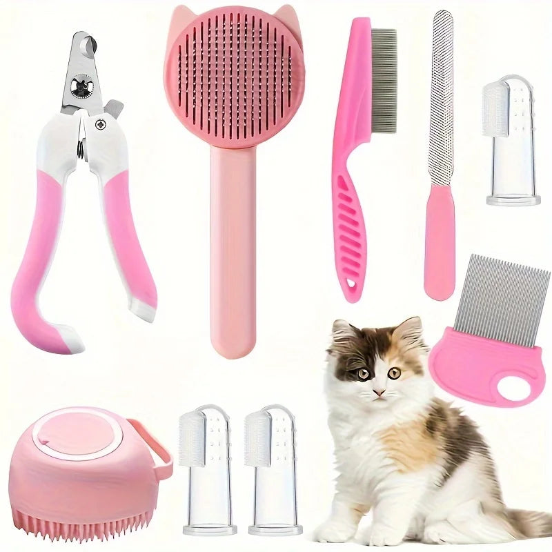 8Pcs Cat Brush Beauty Kit With Pet Nail Clippers